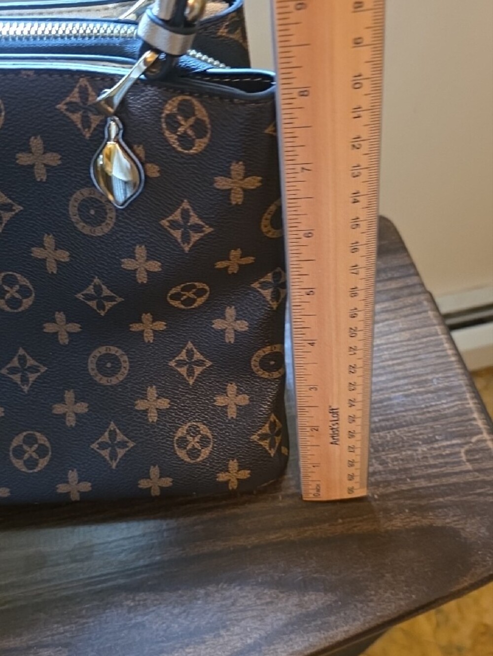 Brown Monogram Satchel Handbag with Gold Accents - Picture 14 of 16